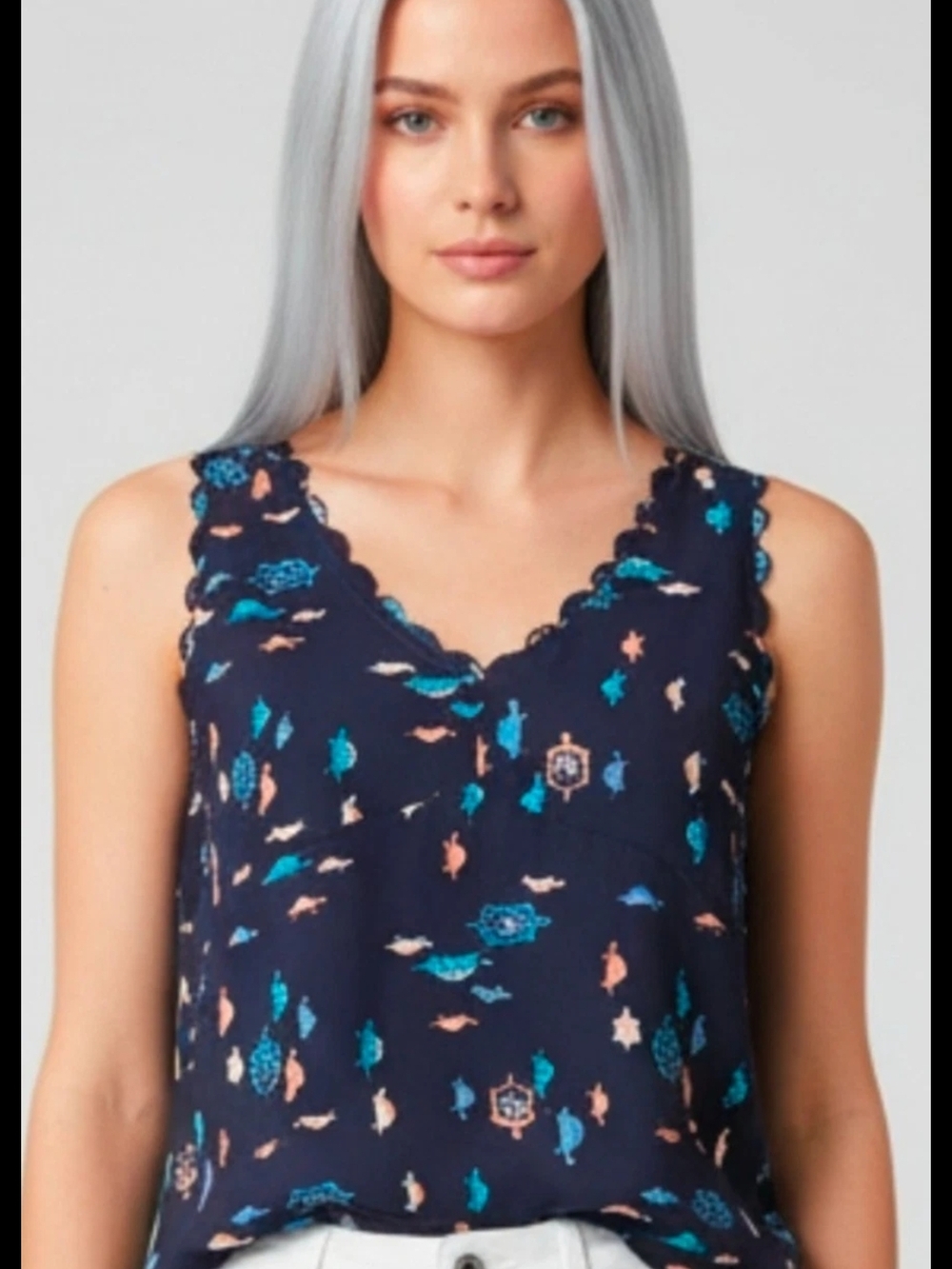 Maeve Anthropologie Navy Sleeveless V-Neck Turtle Print Camisole NWOT